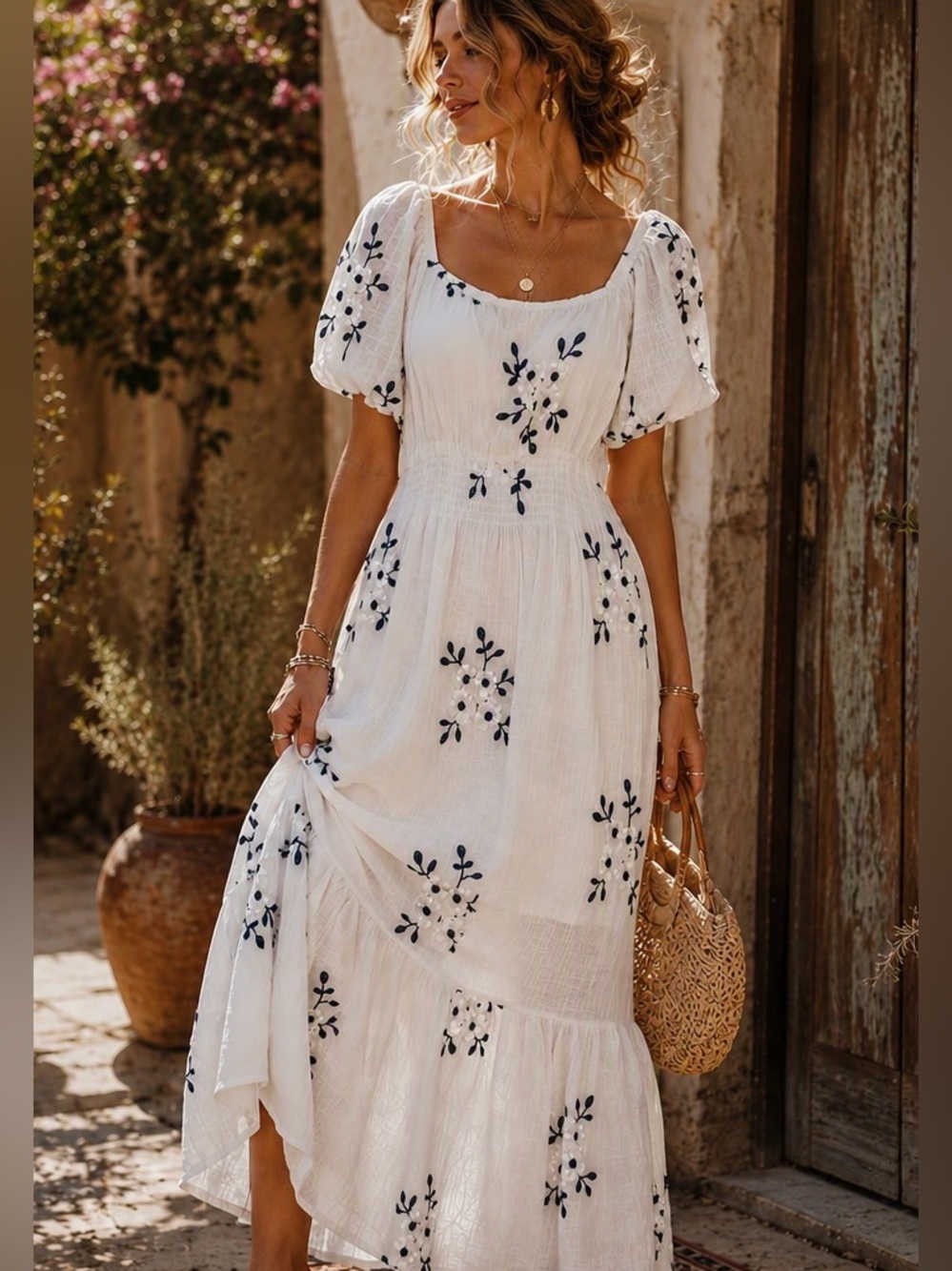 White Embroidered Puff-Sleeve Maxi Dress with Black Floral Detail